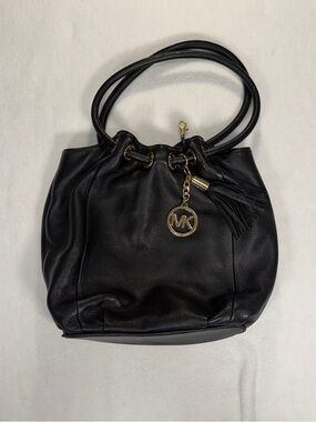 Michael Kors Black Pebbled Leather Drawstring Shoulder Tote with Gold MK Charm